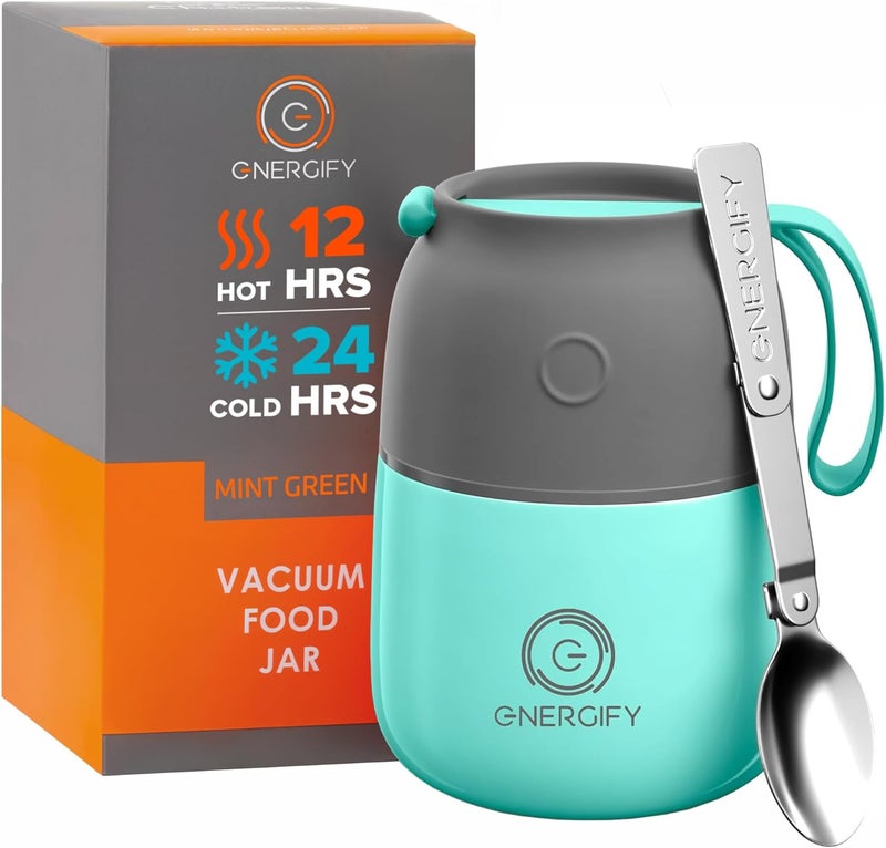ENERGIFY Vacuum Insulated Food Jar. Large 12oz Bowl incl. Folding Spoon, Cup. Wide Mouth Keep Hot & Cold Drinks Soup Lunch Container for Adults. BPA-Free Stainless Steel, Leak Proof Mint Green - Image 1